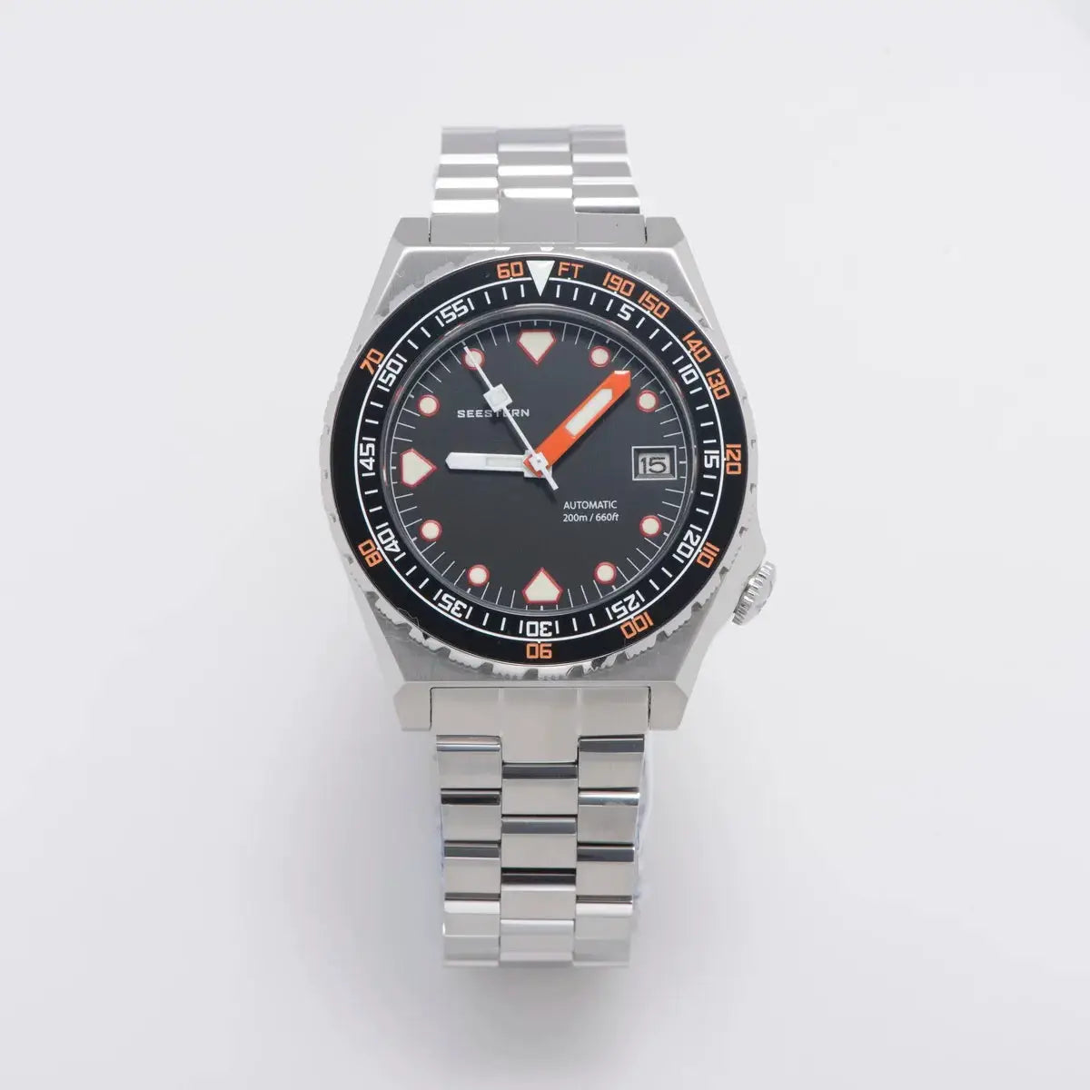 SEESTERN SUB600T diver watch with stainless steel bracelet, black dial, orange bezel numerals, date window