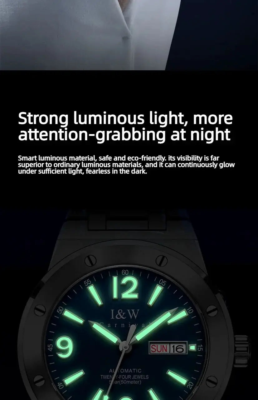 IW men's luxury watch with blue dial and green luminous numerals, day/date display, automatic movement.