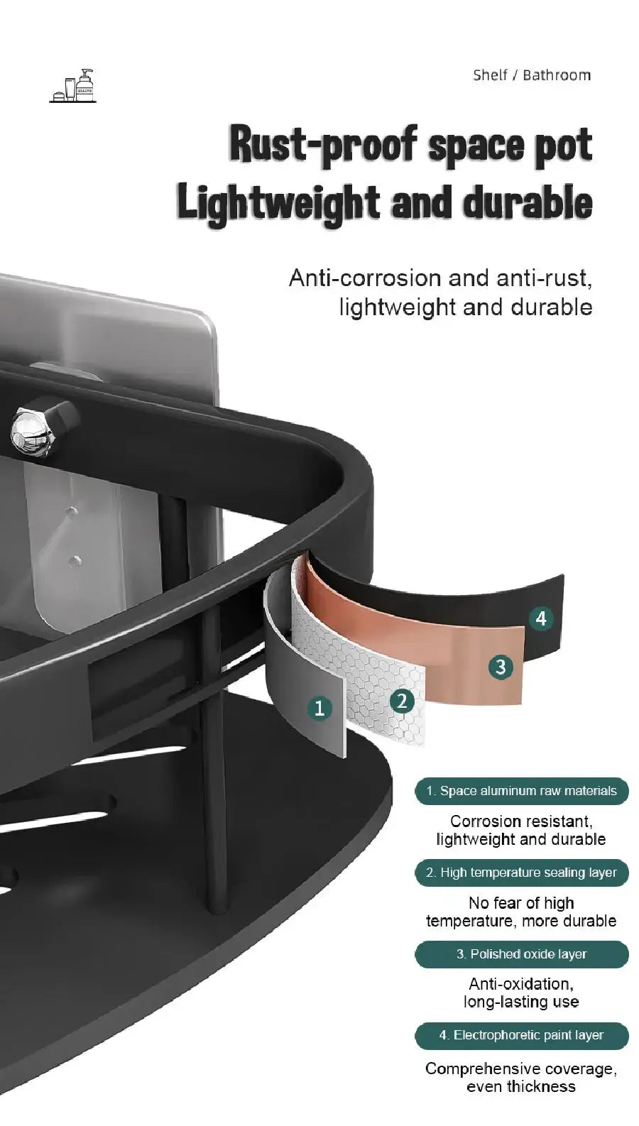 Simples Market wall-mounted aluminum bathroom corner shelf; rust-proof, no-drill design, black finish
