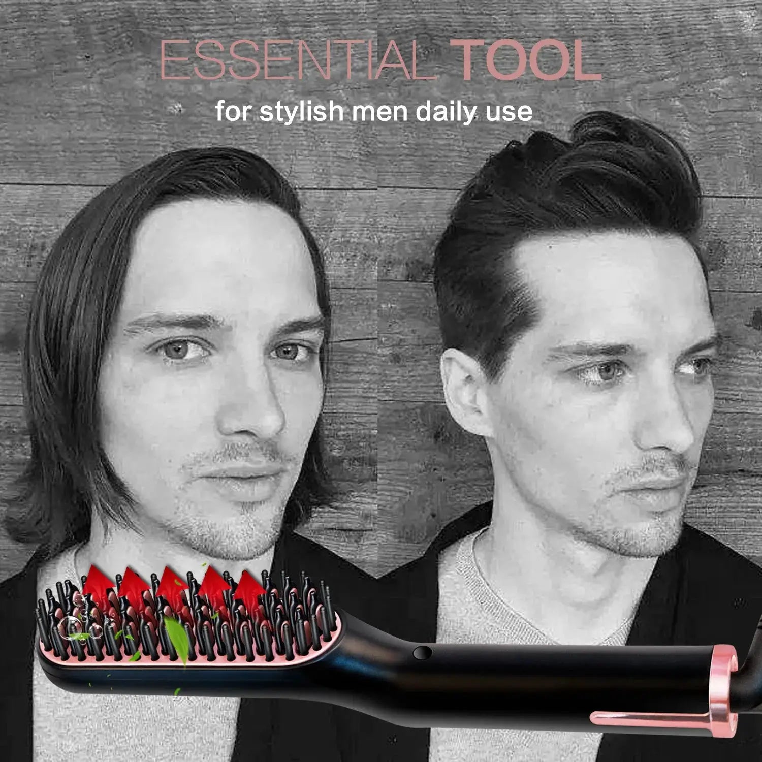 Simples Market men's electric beard straightener brush with negative ion, wet & dry, shown with two men