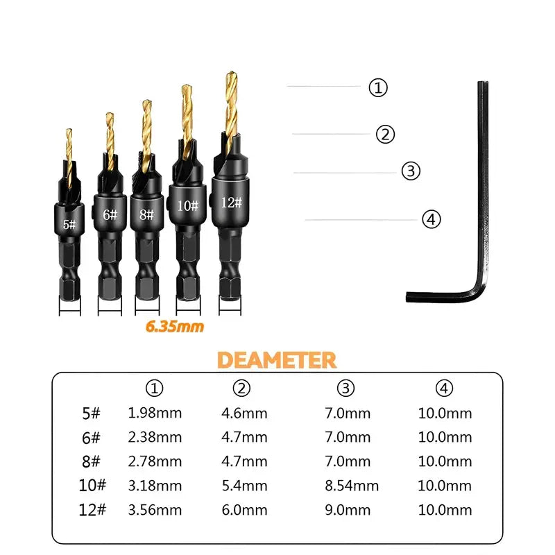 5 Piece Countersink Drill Bit Set For Woodworking With Pilot Holes For Screw Sizes 5 6 8 10 12