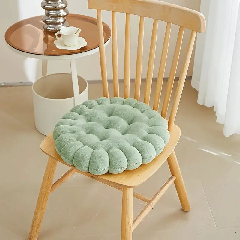 Simples Market large biscuit-shaped plush cushion, mint green tufted round seat pad on a wooden chair