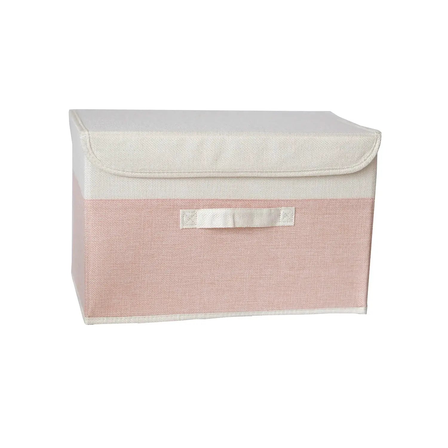Storage box with lid by Simples Market; washable cotton-linen fabric, pink and white
