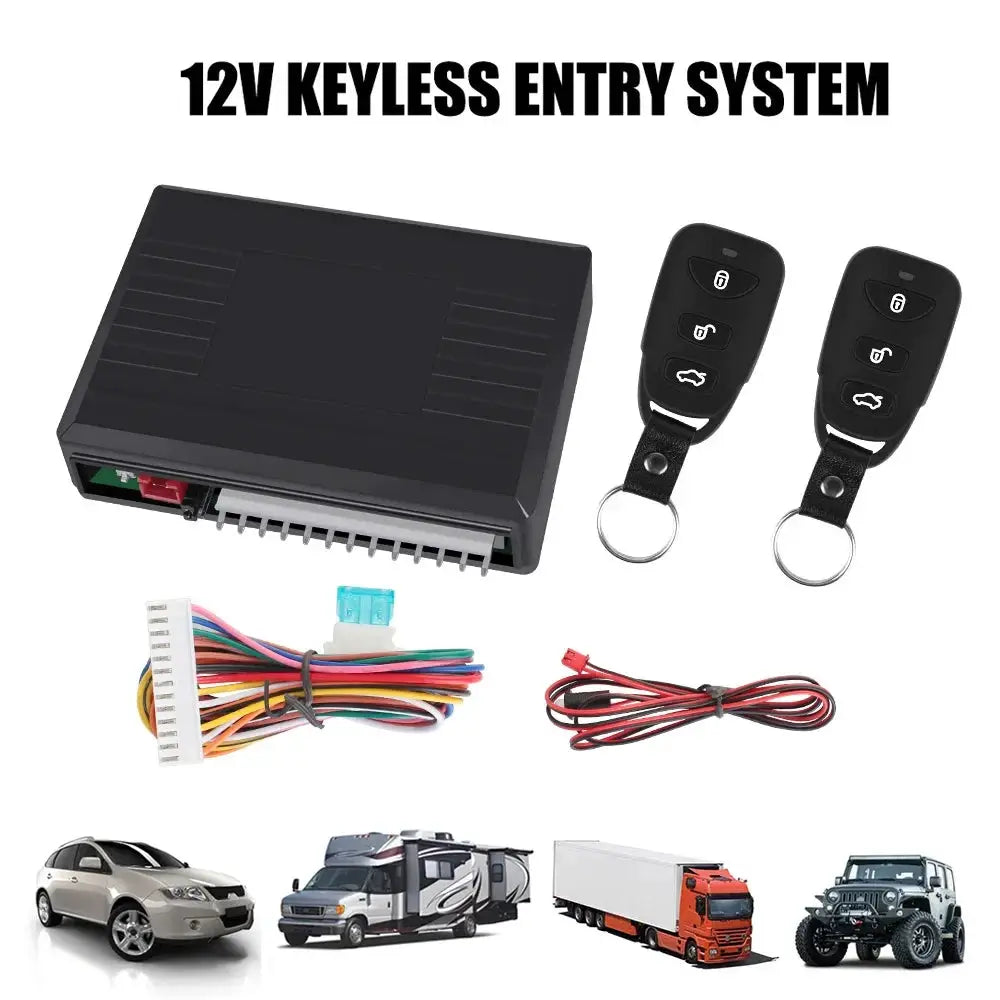 Car keyless entry system kit with 12V module and two black key fobs