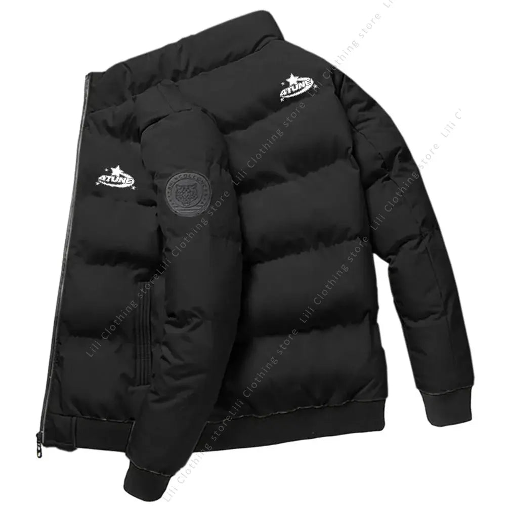 Men's black down puffer jacket with zip pockets and ribbed cuffs