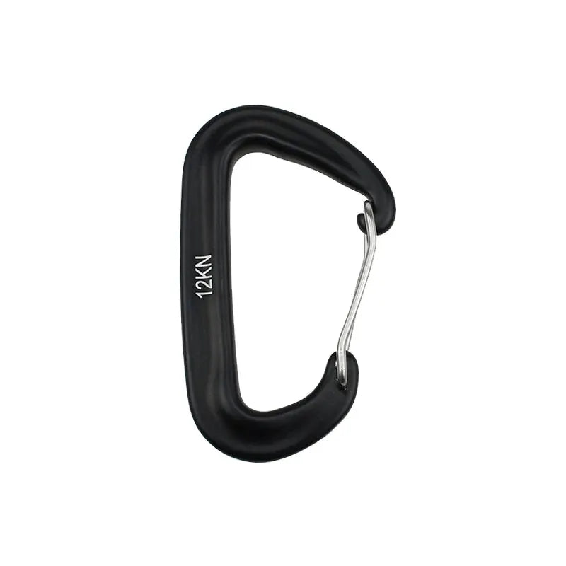 12KN D-shaped climbing carabiner, black with silver gate, compact outdoor keychain hook