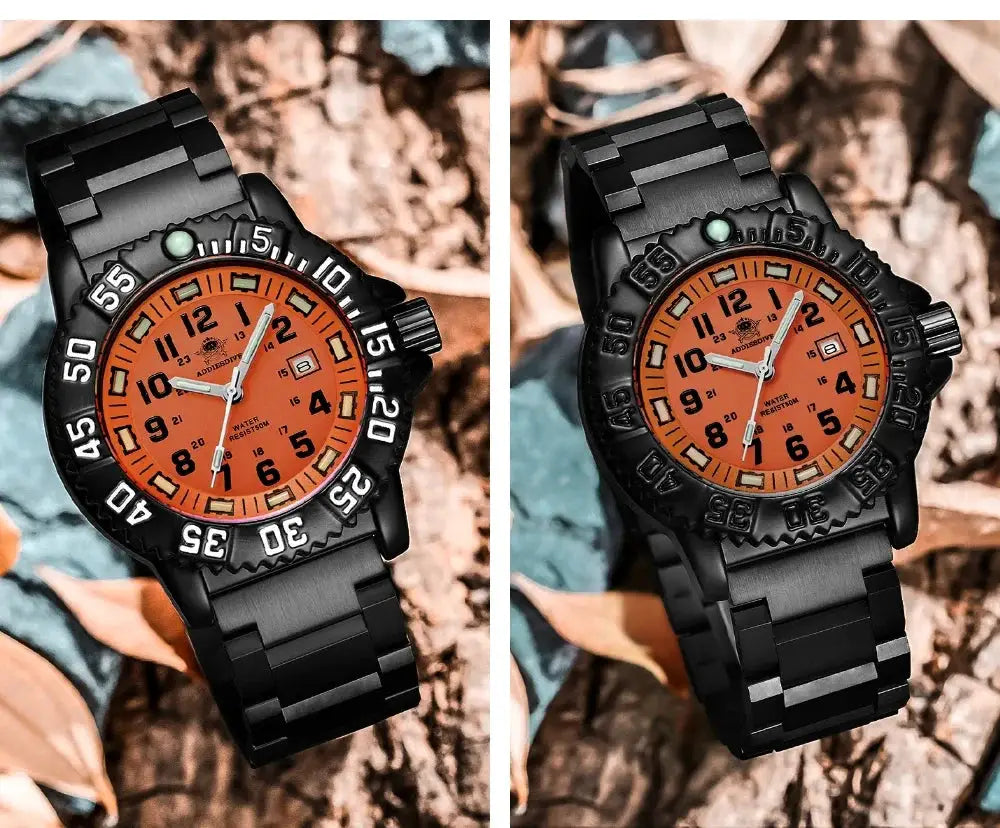 ADDIESDIVE quartz watch, orange dial, black stainless steel strap, 50m water resistant, two watches