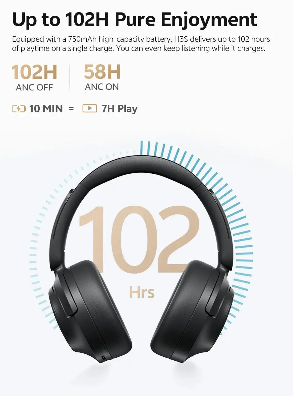 QCY H3S over-ear black wireless headphones with 102H battery life display by Simples Market