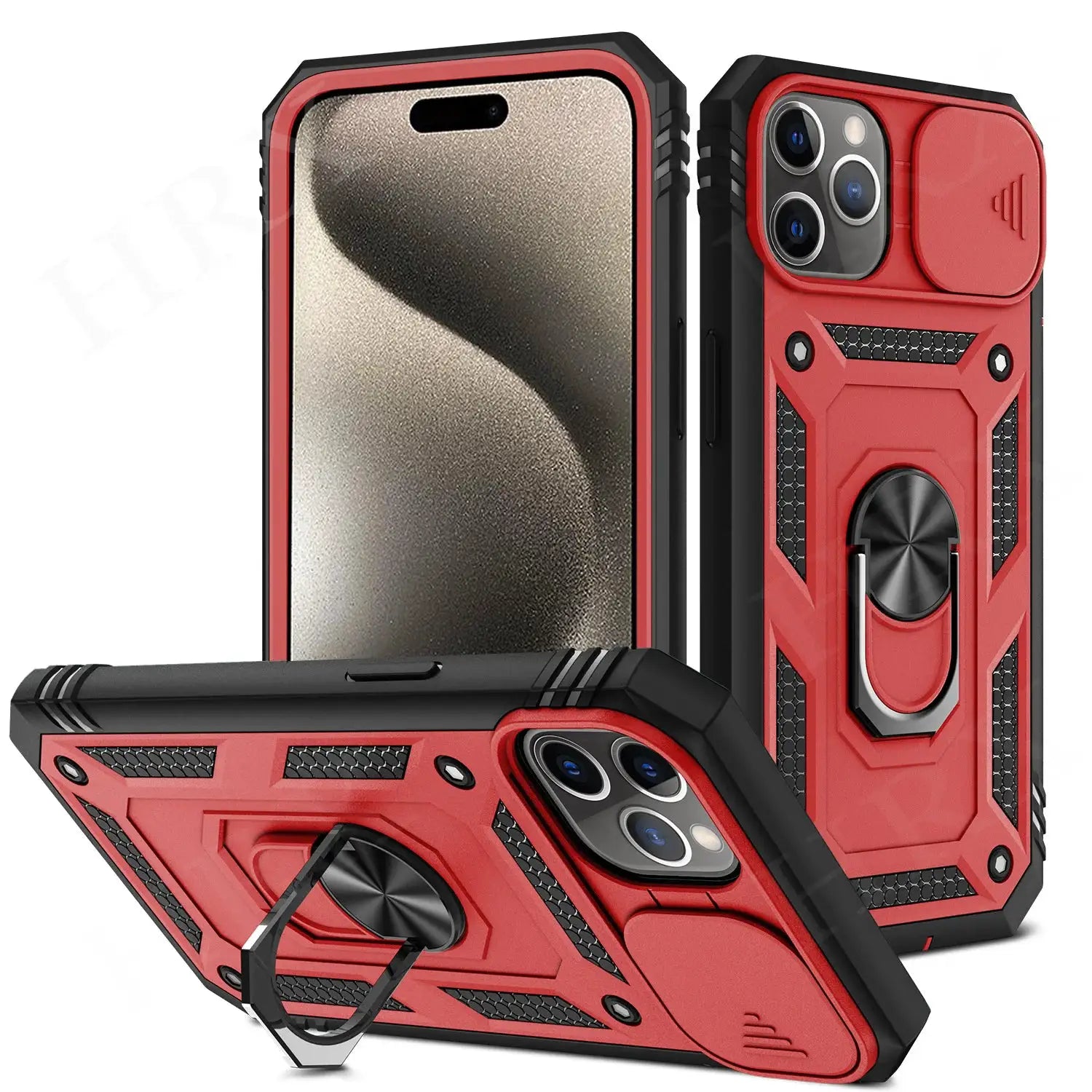 Simples Market 360 full-body rugged iPhone case in red with built-in ring stand and camera protection