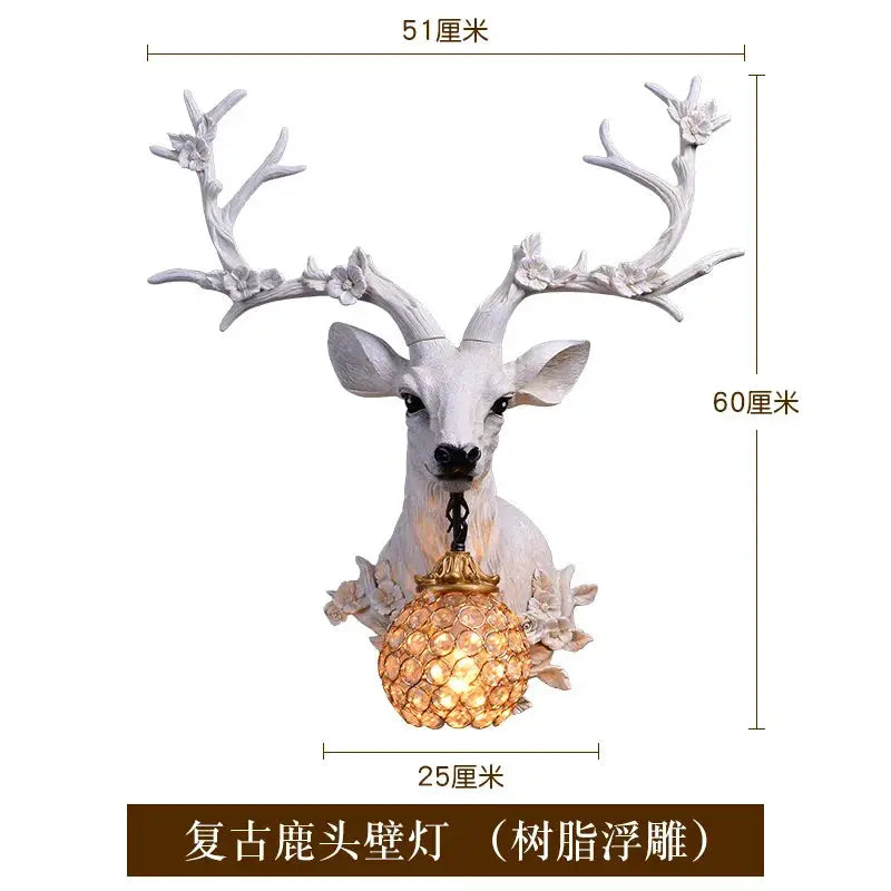 Simples Market Lucky Deer resin wall lamp with white deer head, floral antlers and amber honeycomb shade