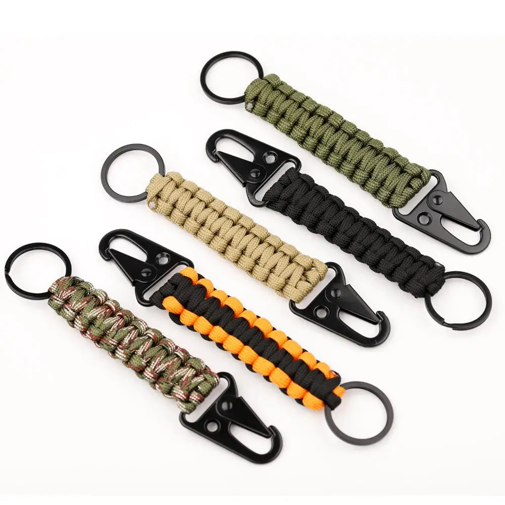 Paracord keychain set, 5 pieces in olive, tan, black, camo, and orange-black with metal carabiner and bottle opener.