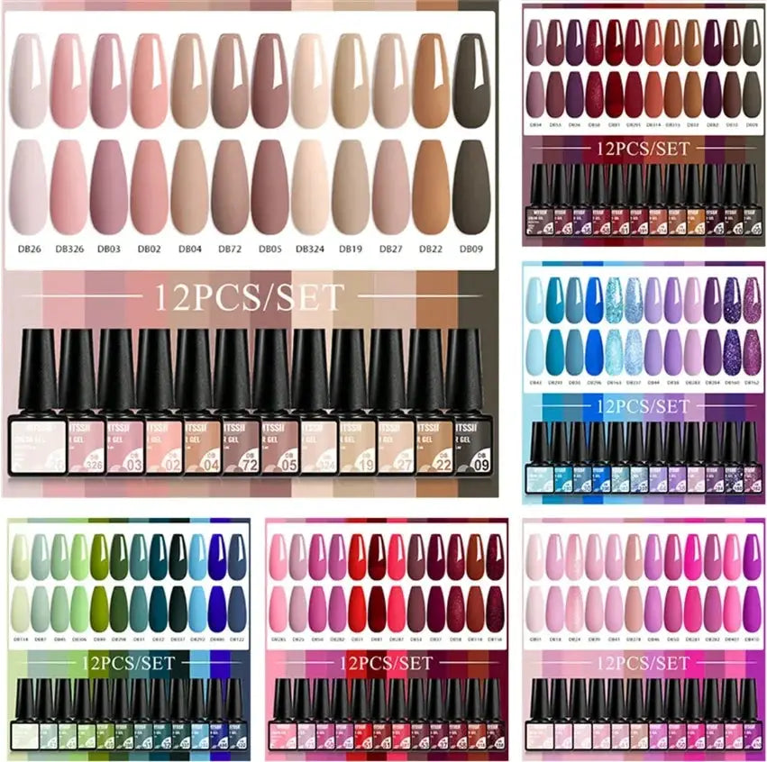 MTSSII 12-piece gel nail polish set in nude, pink, red and glitter shades; soak-off UV gel varnish by Simples Market
