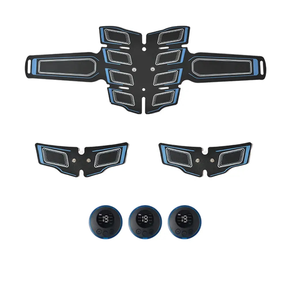 USB rechargeable abdominal trainer by Simples Market with blue accents and 1 large belt, 2 side belts, 3 control units