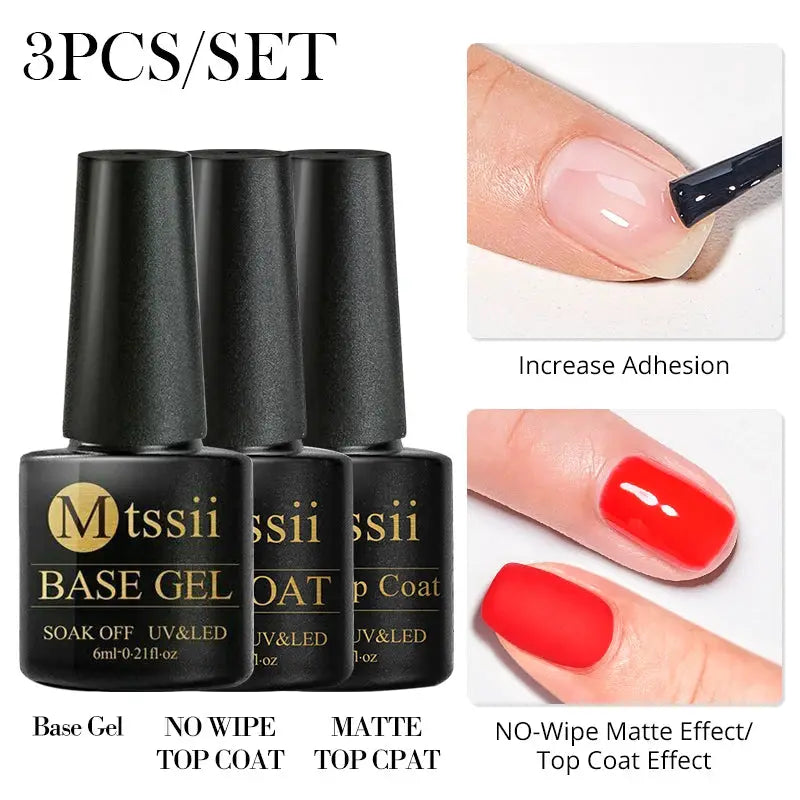 Mtssii 3-piece gel nail base coat set including base gel coat, no-wipe top coat, and matte top coat