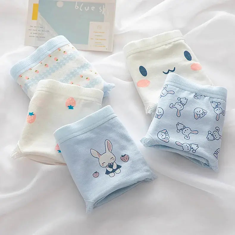 M-XL Simples Market cotton panties; pastel blue/white briefs set of 5 with bunny and pattern prints
