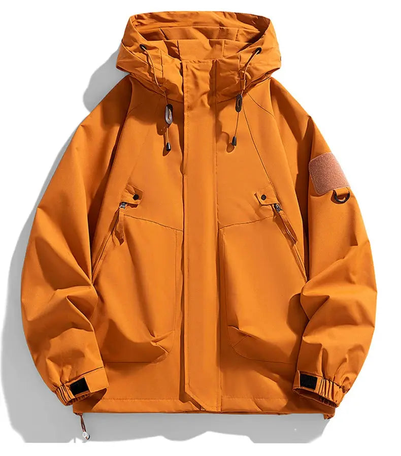 Orange windbreaker hooded jacket with cargo pockets and waterproof softshell