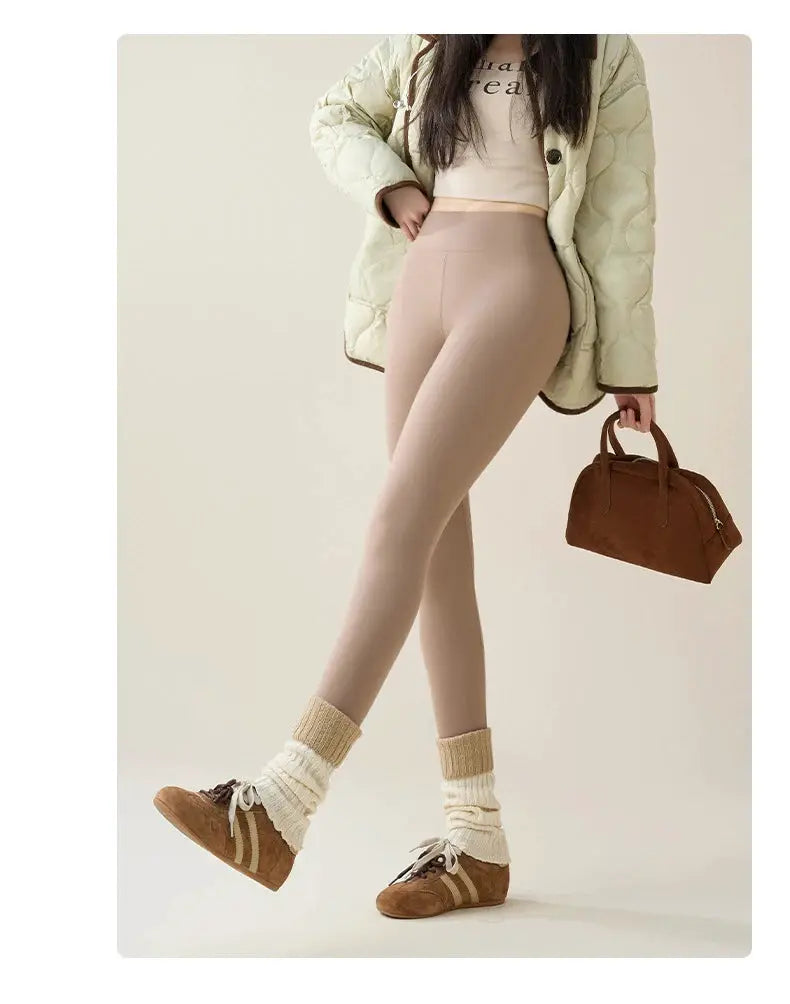 BIVIGAOS brown fleece-lined sharkskin leggings for women; warm, thick Simples Market
