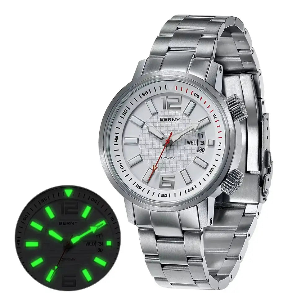 BERNY stainless steel diver watch for men with white dial, luminous hands, day/date, automatic movement, 20ATM.