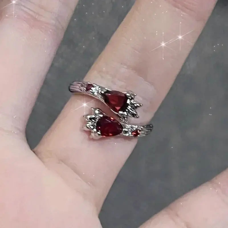 Goth punk open ring set (2 rings), silver-tone bands with red crystal heart accents