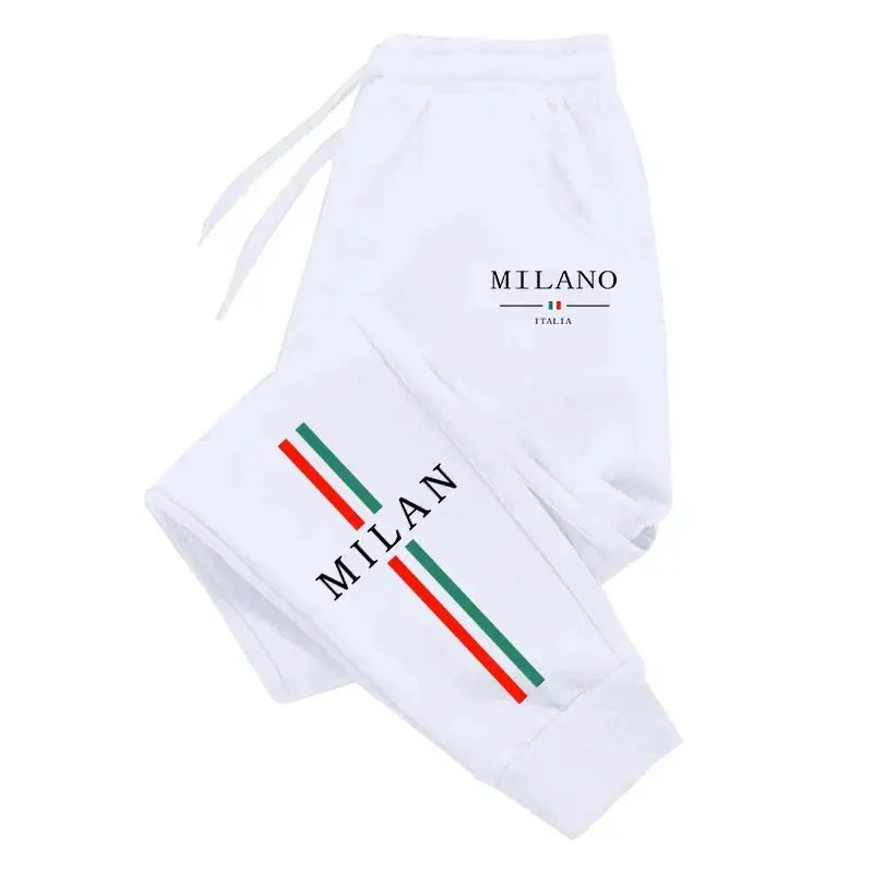 White Milan City printed jogger pants with red-green stripes, men's casual sports sweatpants