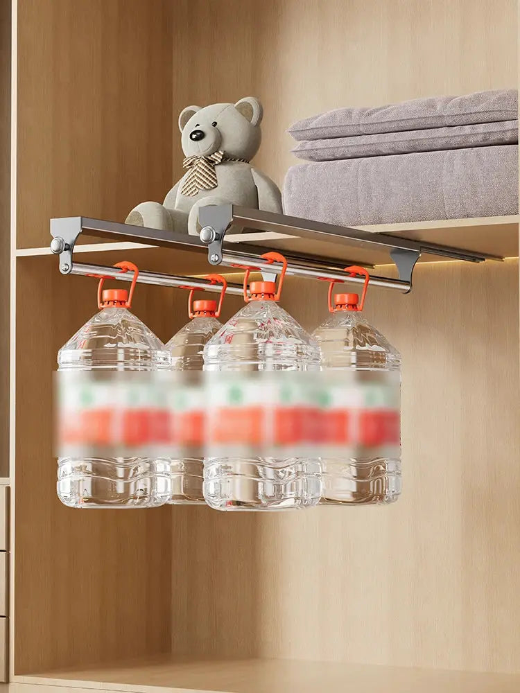 Simples Market pull-out wardrobe organizer with metal rails and orange hooks, holding four water bottles.
