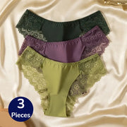 TrowBridge 3-piece silk satin panties with lace trim in black, purple, and olive green by Simples Market