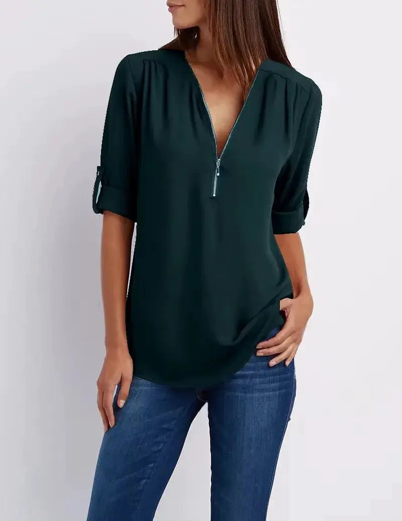 Women's dark green chiffon blouse with deep V-neck zipper, loose fit, rolled sleeves by Simples Market