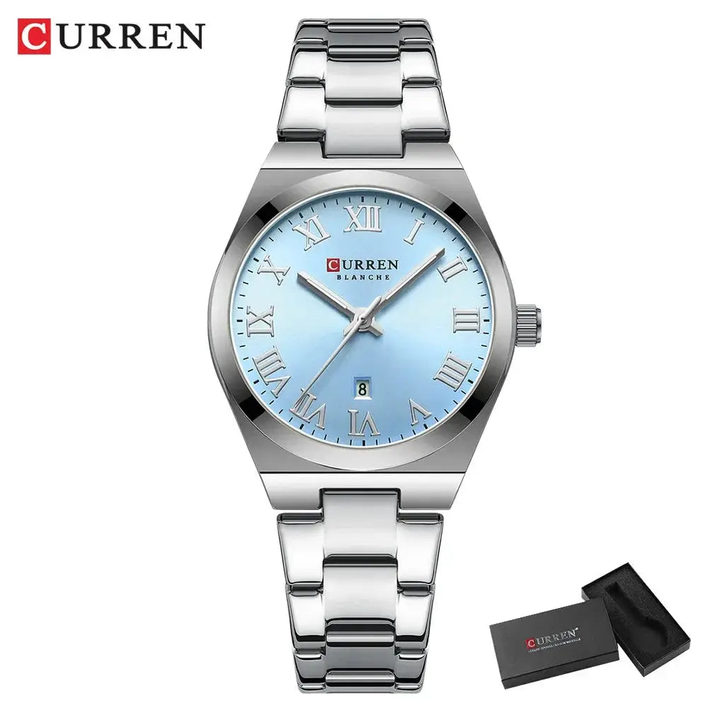 Curren women's stainless steel bracelet watch with light-blue dial, Roman numerals, date window and box