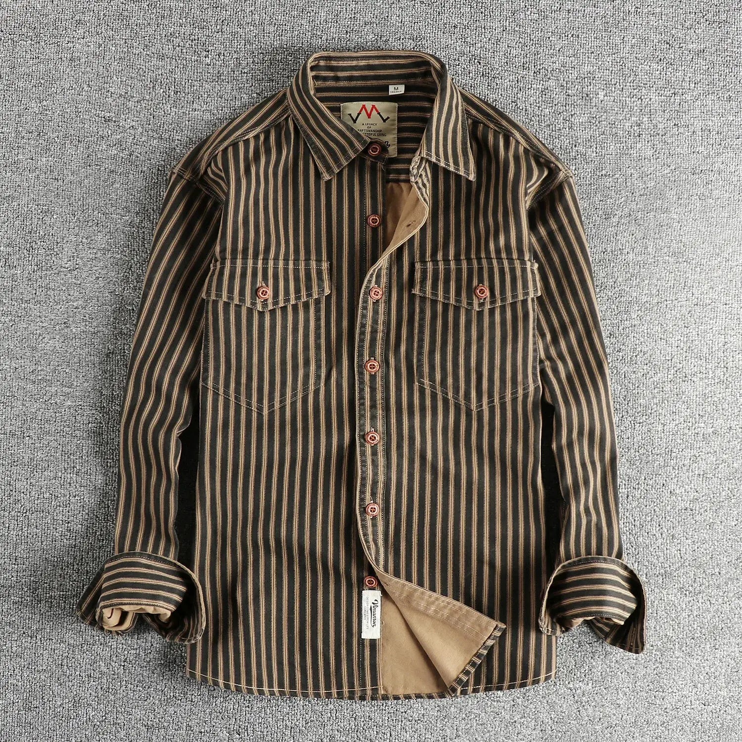 Simples Market men's striped long-sleeve shirt with chest pockets, brown and tan vertical stripes, button-front