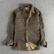 Simples Market men's striped long-sleeve shirt with chest pockets, brown and tan vertical stripes, button-front