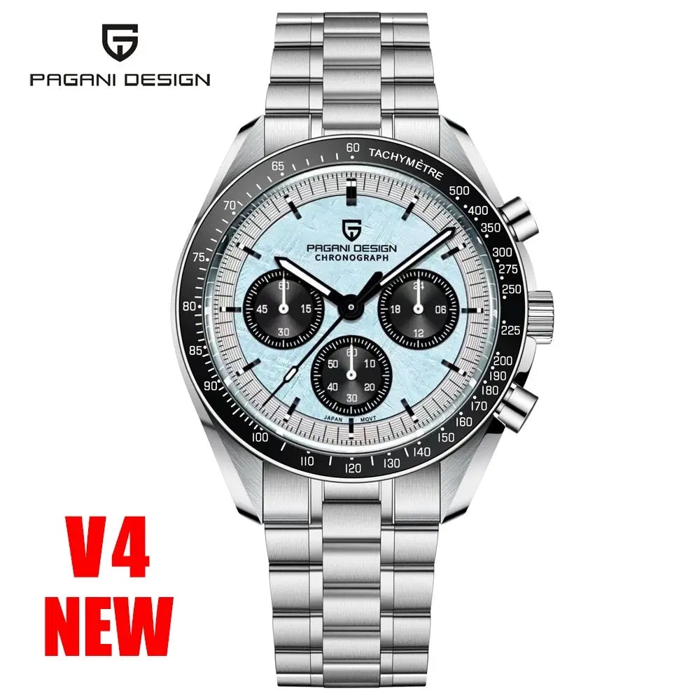 Pagani Design men's stainless steel chronograph watch with light blue dial and tachymeter bezel