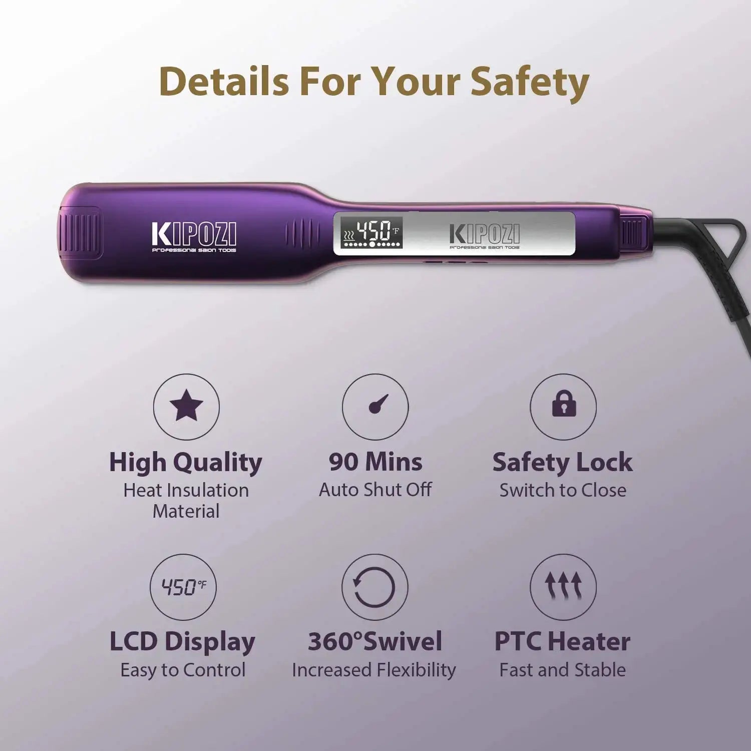 KIPOZI titanium flat iron with digital LCD display, purple, dual voltage