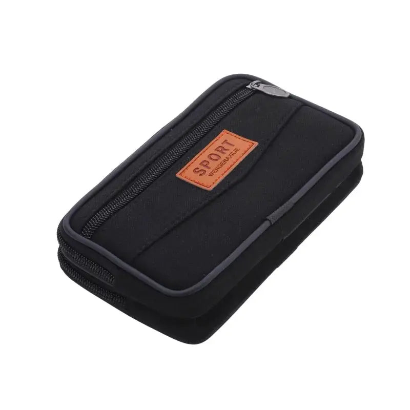 Simples Market black nylon waist pack; compact zip pouch with orange SPORT patch