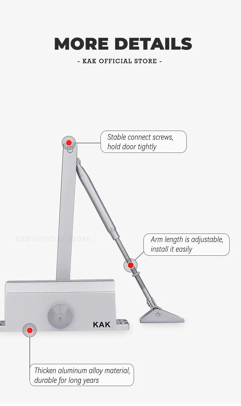 KAK hydraulic automatic door closer with adjustable arm, silver aluminum alloy body, Simples Market, for 25–80 kg doors