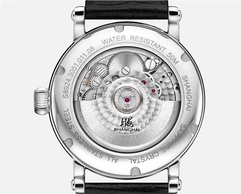Shanghai 42mm automatic mechanical wristwatch; stainless steel case, sapphire crystal, leather strap