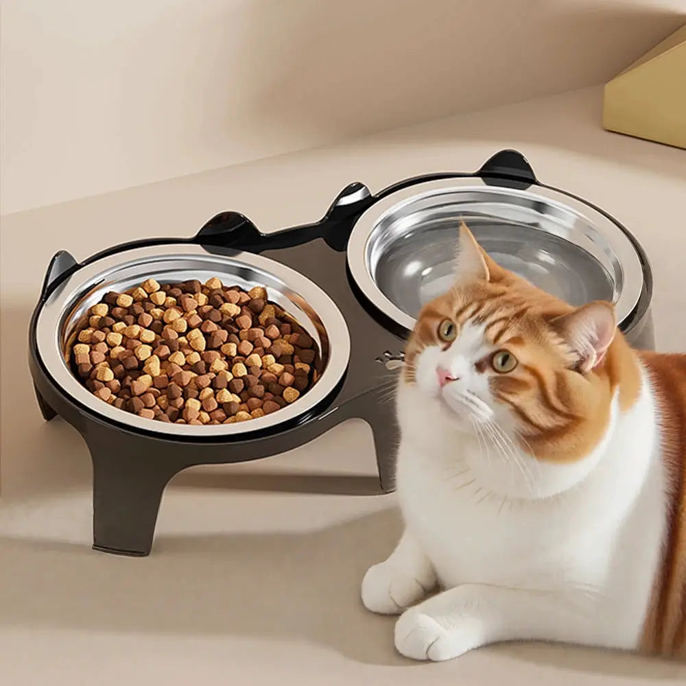 Simples Market stainless steel cat food and water dual-bowl set with anti-tip stand; large-capacity bowls.