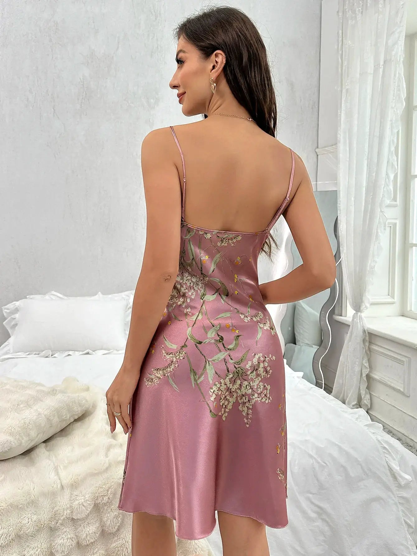 DreamLace Floral Print V Neck Spaghetti Strap Nightdress With Soft Polyester For Comfortable Sleep