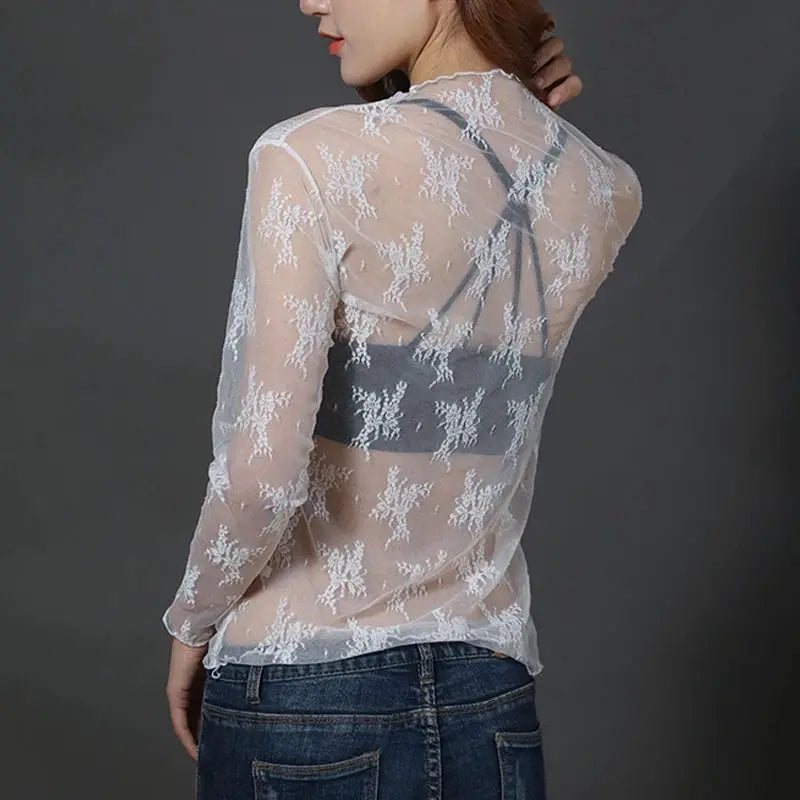 AstraNova Mesh Couture Black Hollow Out Turtleneck Top Sheer See Through Long Sleeve Womens Shirt