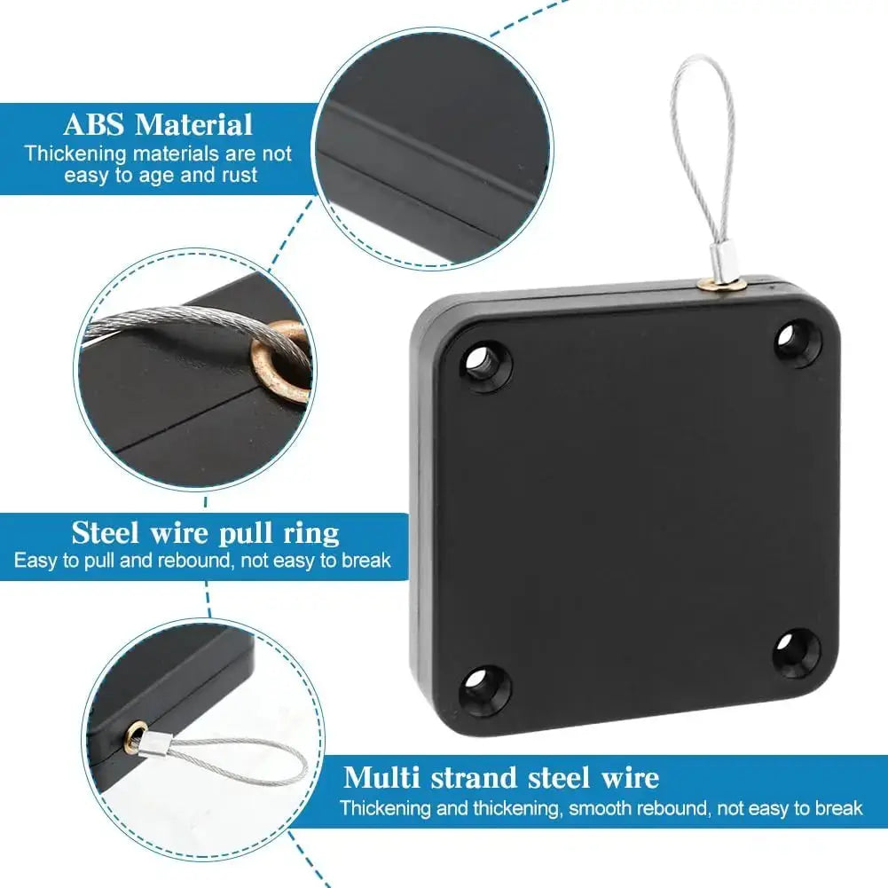 Punch-free automatic sensor door closer; black square housing with steel wire pull ring