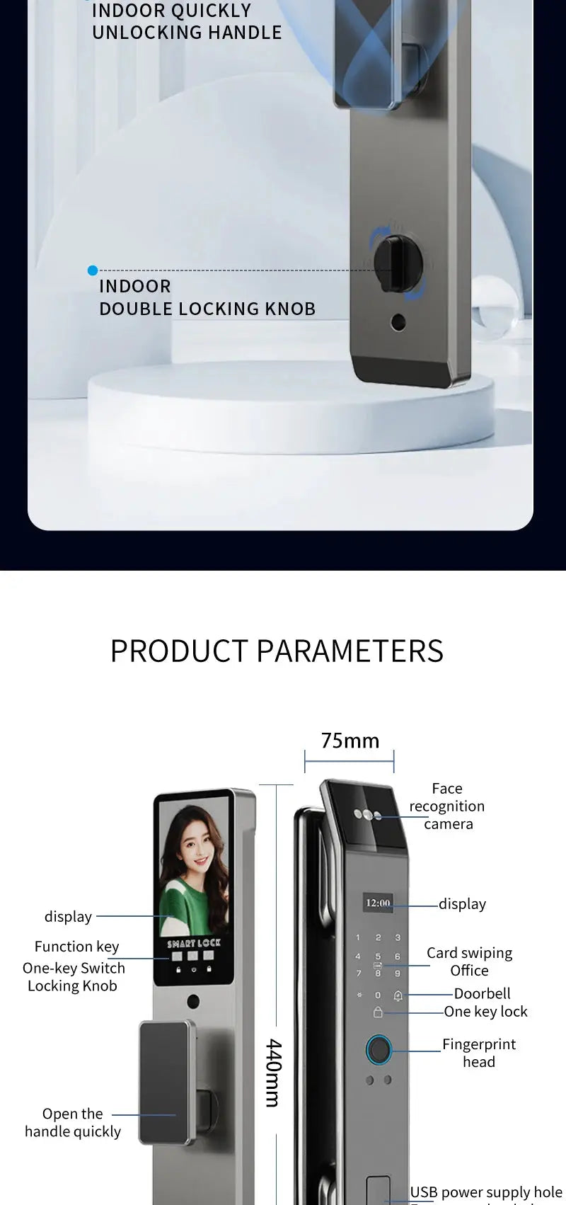XSDTS wifi Tuya face recognition smart door lock with camera, silver finish