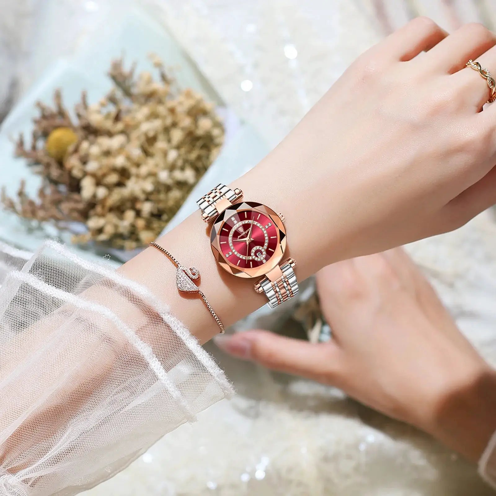 POEDAGAR women's wristwatch in two-tone rose gold and silver with red dial and crystal accents