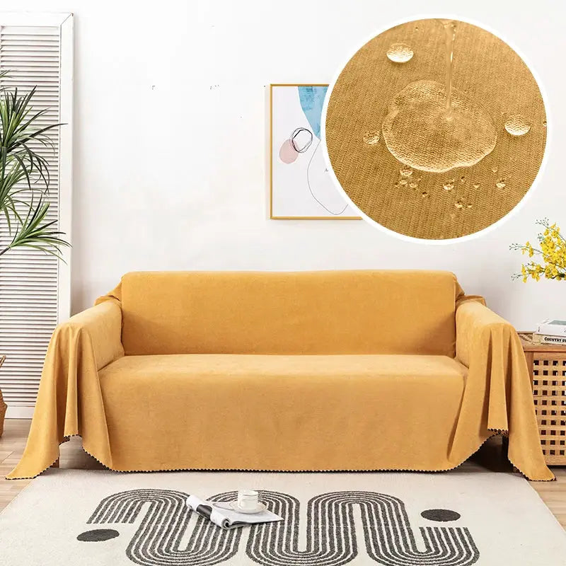 Waterproof sofa cover in mustard yellow by Simples Market, solid color, dustproof and durable for living room decor
