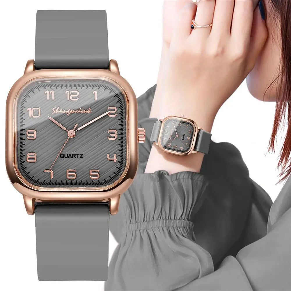 Simples Market fashion square women watch with gray silicone strap and rose-gold case; quartz, 2 watches shown.