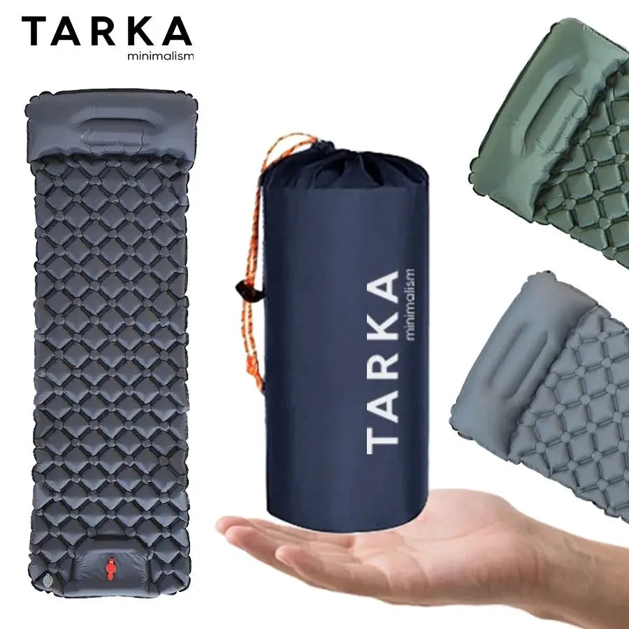 TARKA inflatable camping sleeping pad; navy blue self-inflating mat with orange strap, shown in four color variants.
