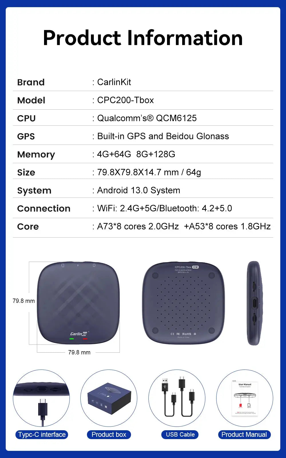 CarlinKit Android 13 wireless Android Auto/CarPlay AI TV box in blue, Simples Market, 8-core QCM6125, 64/128GB.