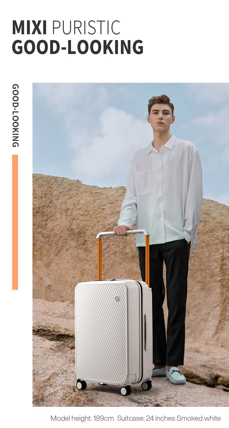 Mixi 24-inch white hardside PC luggage with orange telescoping handle and spinner wheels