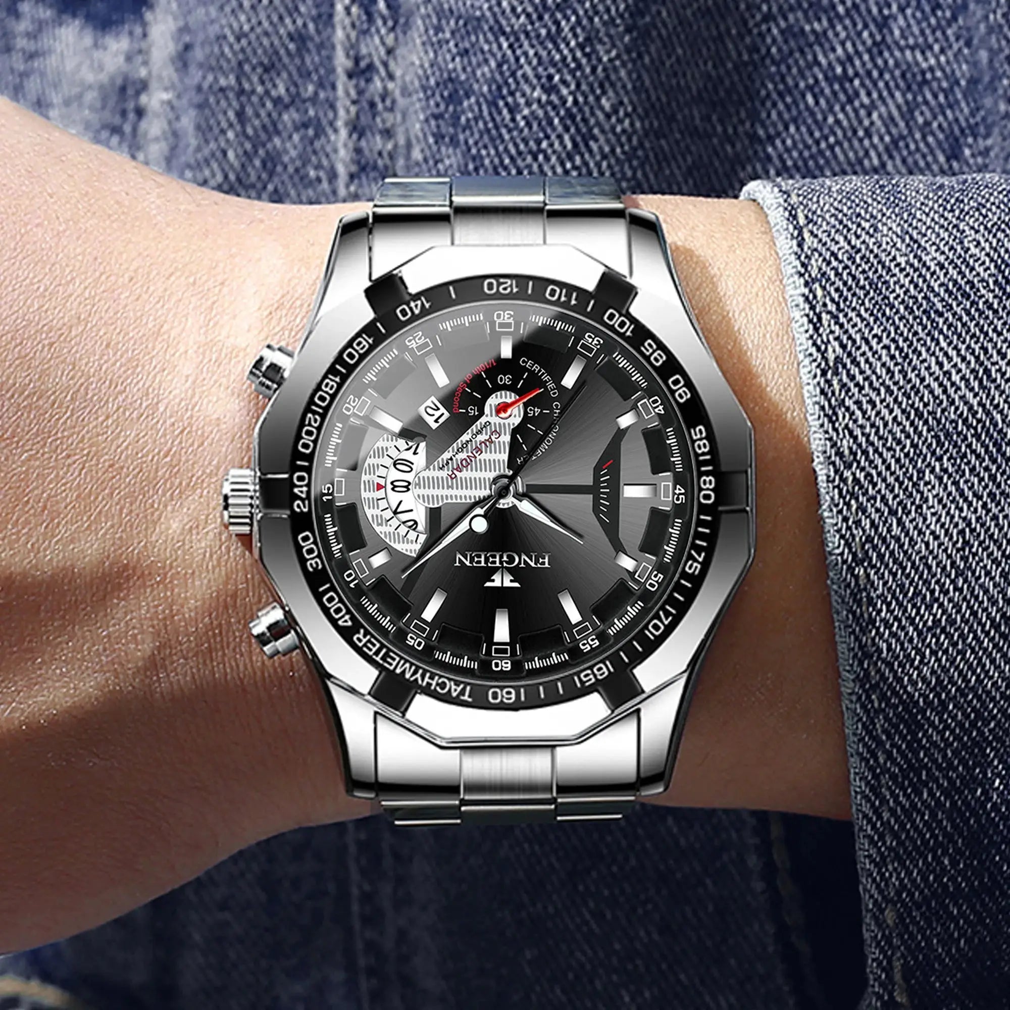BINBOND stainless steel men's quartz chronograph watch with black dial and tachymeter bezel