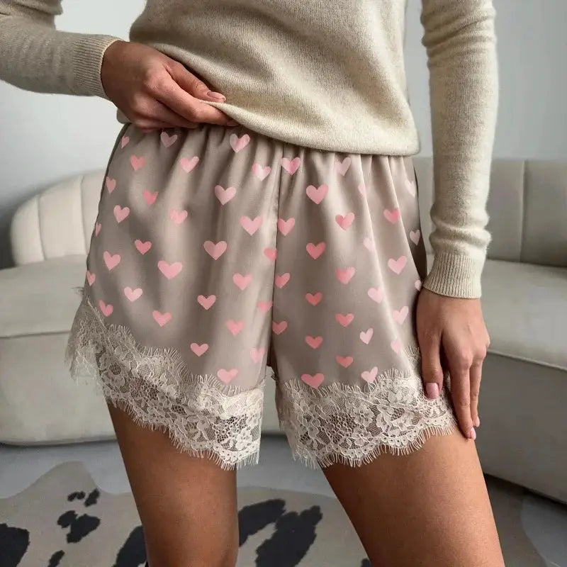 Women heart-print satin shorts in taupe with pink hearts and lace trim, elastic waist, Simples Market