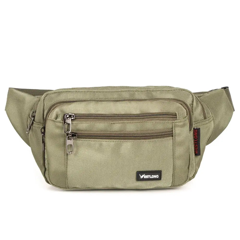 Waist pack in olive green with multiple zippered pockets, front pocket; Westlong brand, unisex casual fanny bag