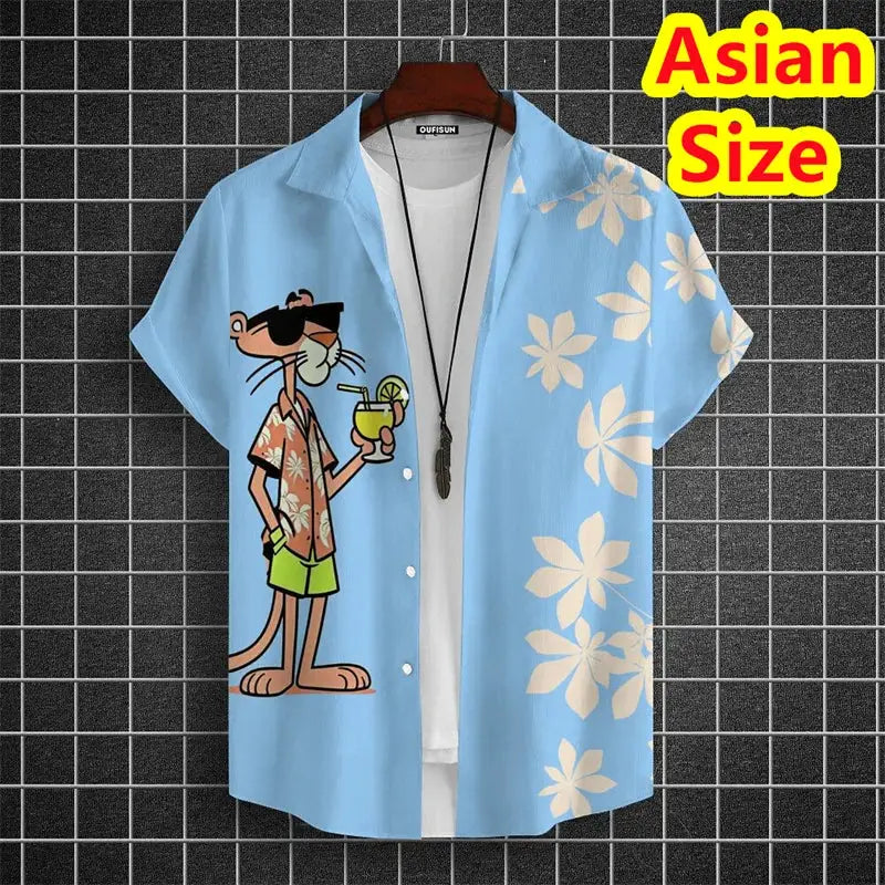 Shirt blue casual short-sleeve with cartoon tiger holding a drink and hibiscus print